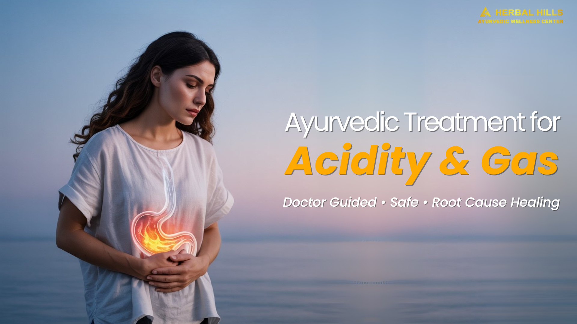 Woman holding her stomach in discomfort, representing acidity, gas, and digestive issues. Ayurvedic treatment includes Panchakarma, herbal medicines, and doctor consultation.