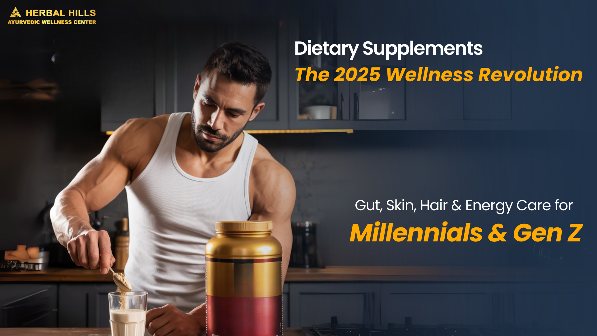 Fit man holding supplement shaker – dietary supplements for millennials and Gen Z energy, skin, and wellness in 2025
