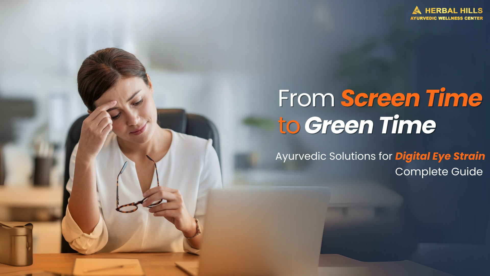 Woman with tired eyes from screen time – Ayurvedic tips like Netra Tarpana to relieve digital eye strain and protect vision