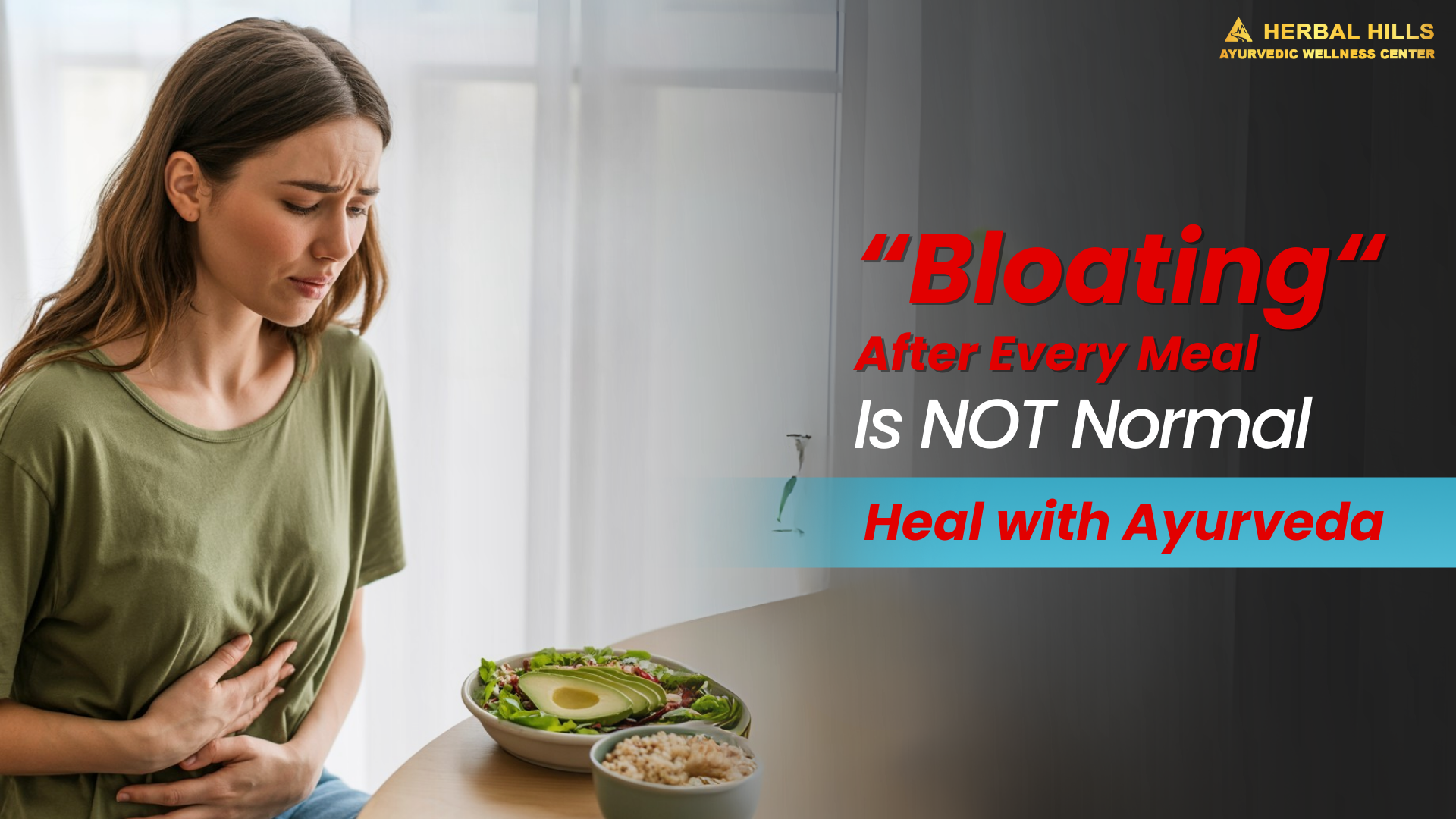 Woman holding stomach due to bloating – Ayurvedic remedies and herbal treatments for acidity and digestive balance