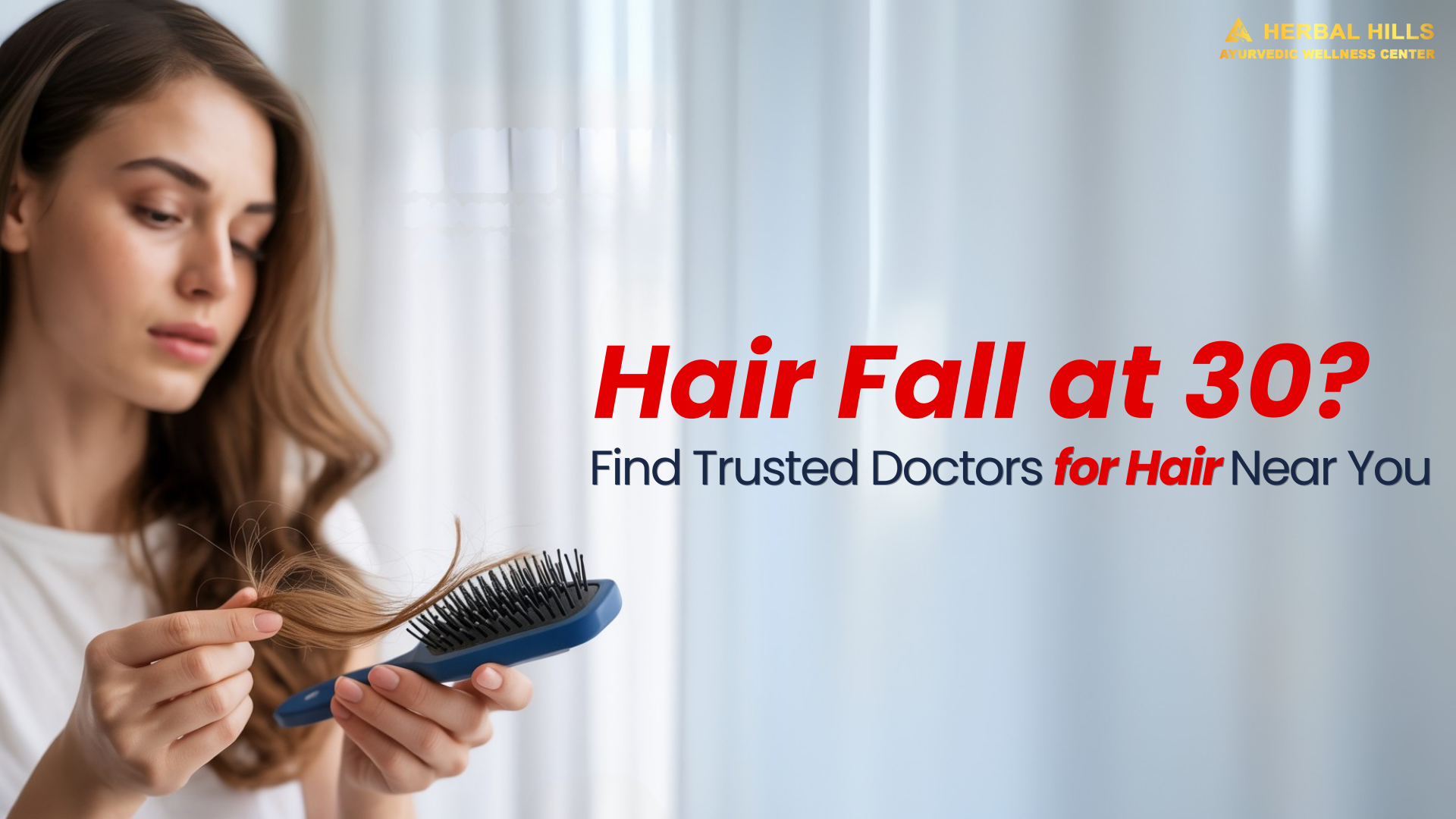 Young woman worried about hair fall while checking brush – Ayurvedic hair loss treatment and nearby hair doctors for early hair fall