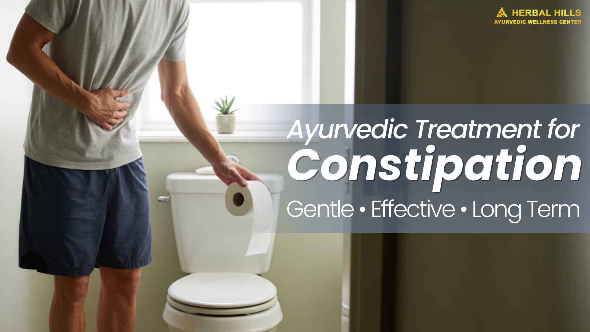 Man experiencing discomfort while standing in front of a toilet, promoting Ayurvedic treatment for constipation using herbs, remedies, and natural lifestyle tips.