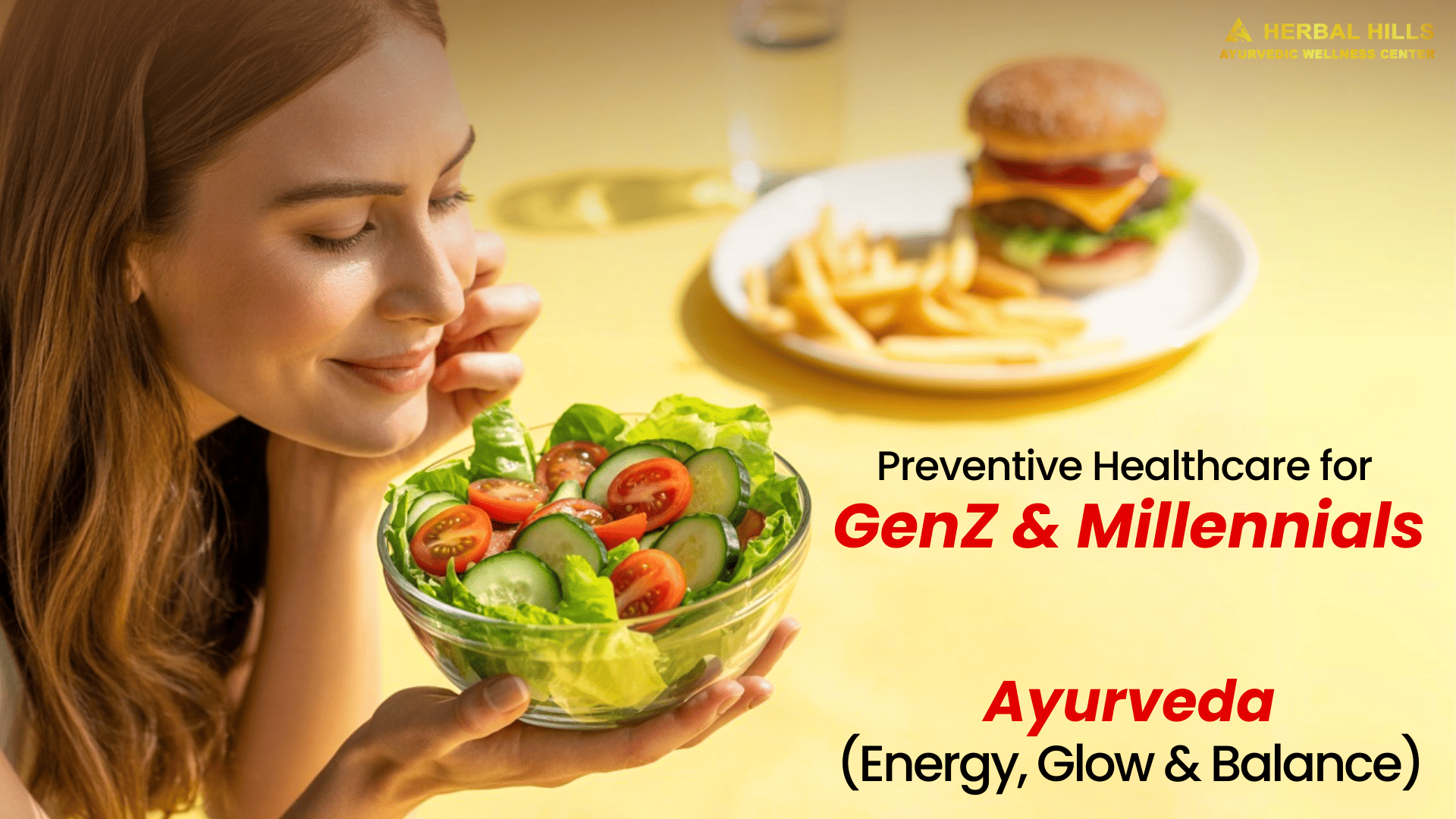 Young woman enjoying a healthy salad, symbolizing how Gen Z and millennials maintain a healthy lifestyle with Ayurveda and preventive healthcare.