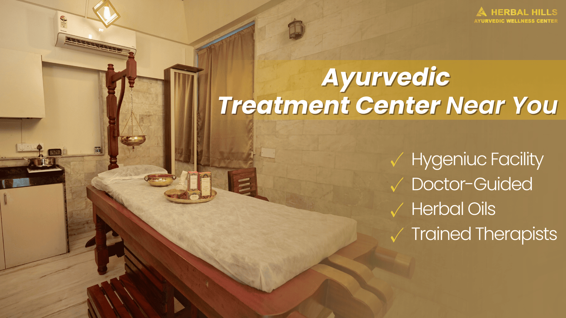 Ayurvedic treatment room setup at Herbal Hills Wellness Center with massage table, herbal oils, and a traditional Panchakarma facility.