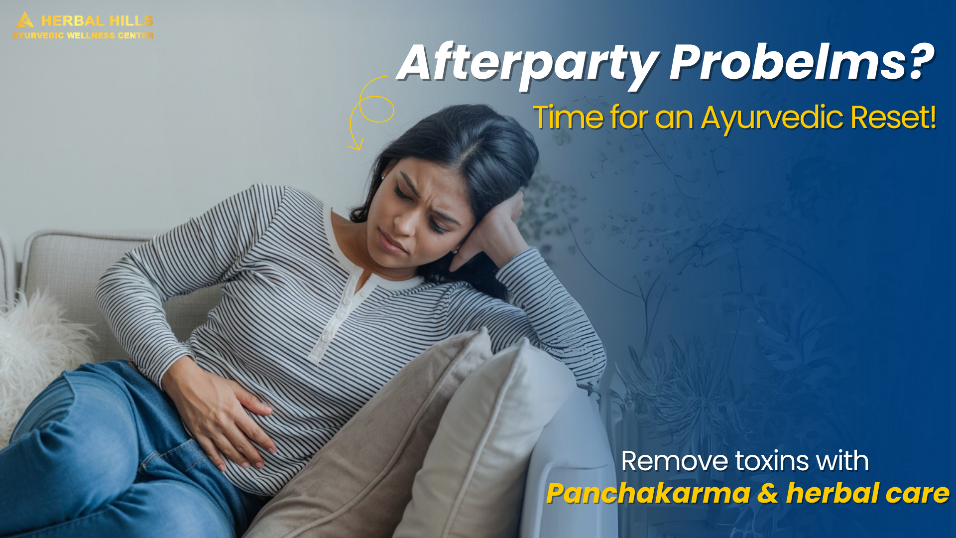 Tired woman after party resting on couch – Ayurvedic detox and Panchakarma for natural body reset