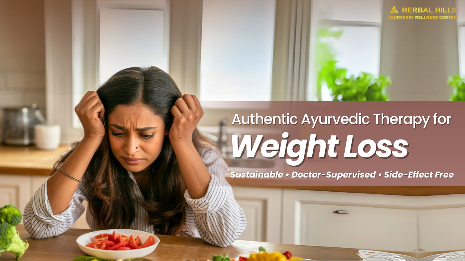 Woman looking frustrated with weight issues, highlighting Ayurvedic therapy for weight loss with Udvartana massage, Basti therapy, and treatments in Mumbai.