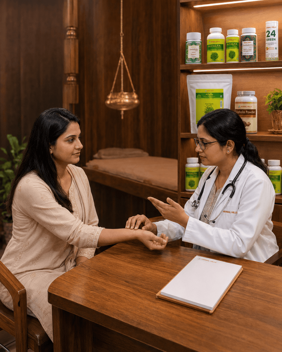 Authentic Nadi Parikshan - MD doctor reading a patient's pulse at Herbal Hills
