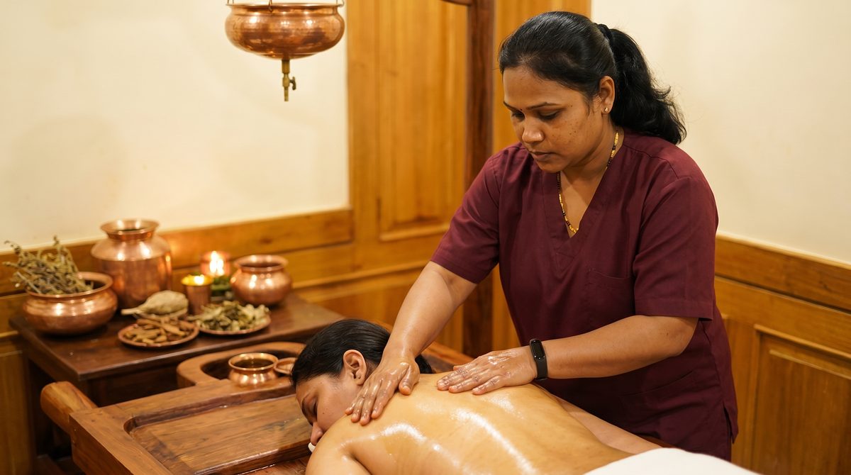 Abhyanga Ayurvedic oil massage at Herbal Hills - therapist massaging warm medicated oil into the back