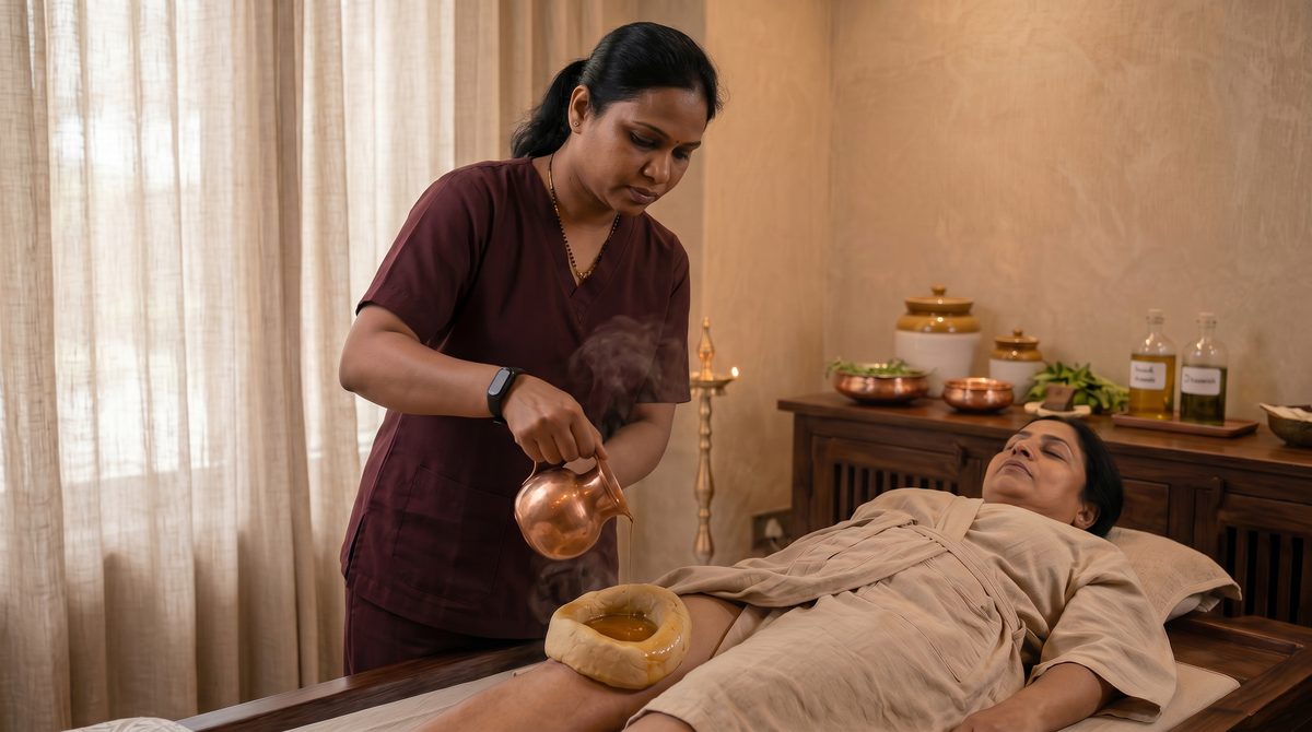 Janu Basti knee therapy at Herbal Hills - warm medicated oil pooled in a dough ring over the knee joint