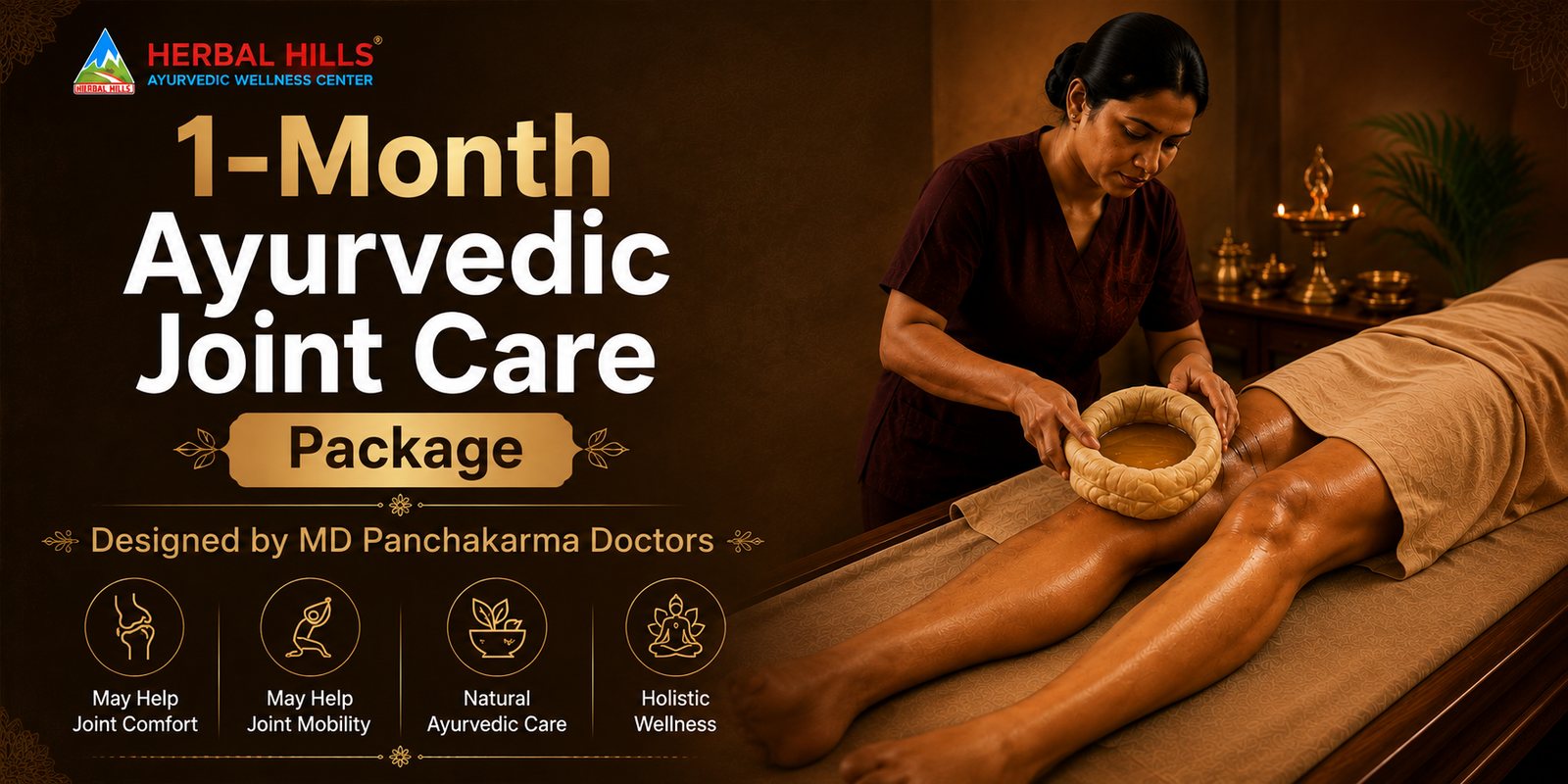 1-Month Ayurvedic Joint Care Package at Herbal Hills, designed by MD Panchakarma doctors - Janu Basti knee therapy in progress