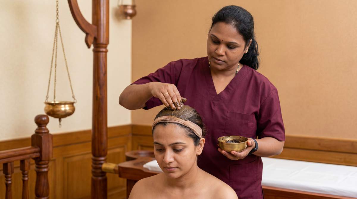 Thalam Ayurvedic treatment – herbal paste on the crown of the head at Herbal Hills Wellness Center, Mumbai